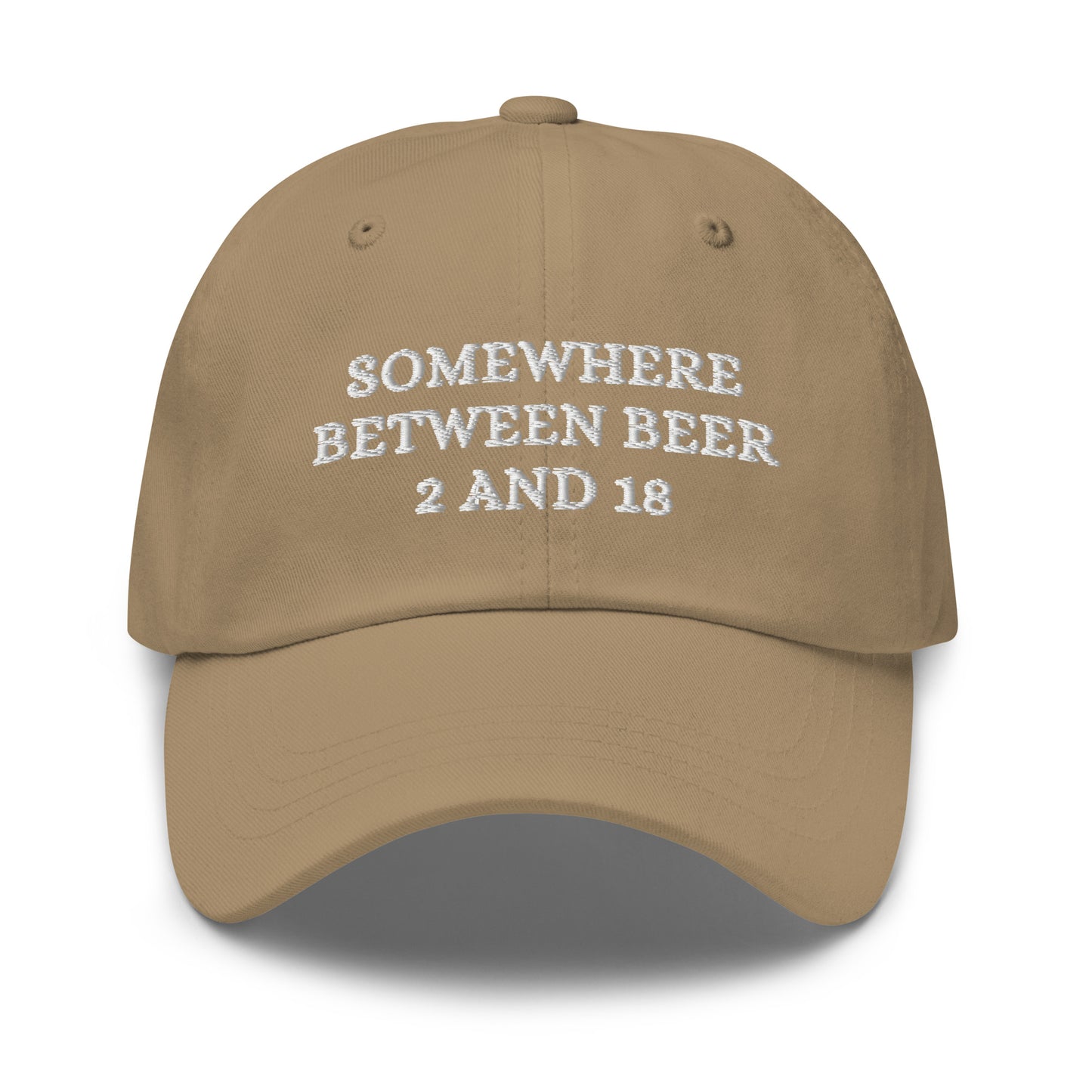 Somewhere Between Beer 2 and 18 Hat (Embroidered Dad hat)