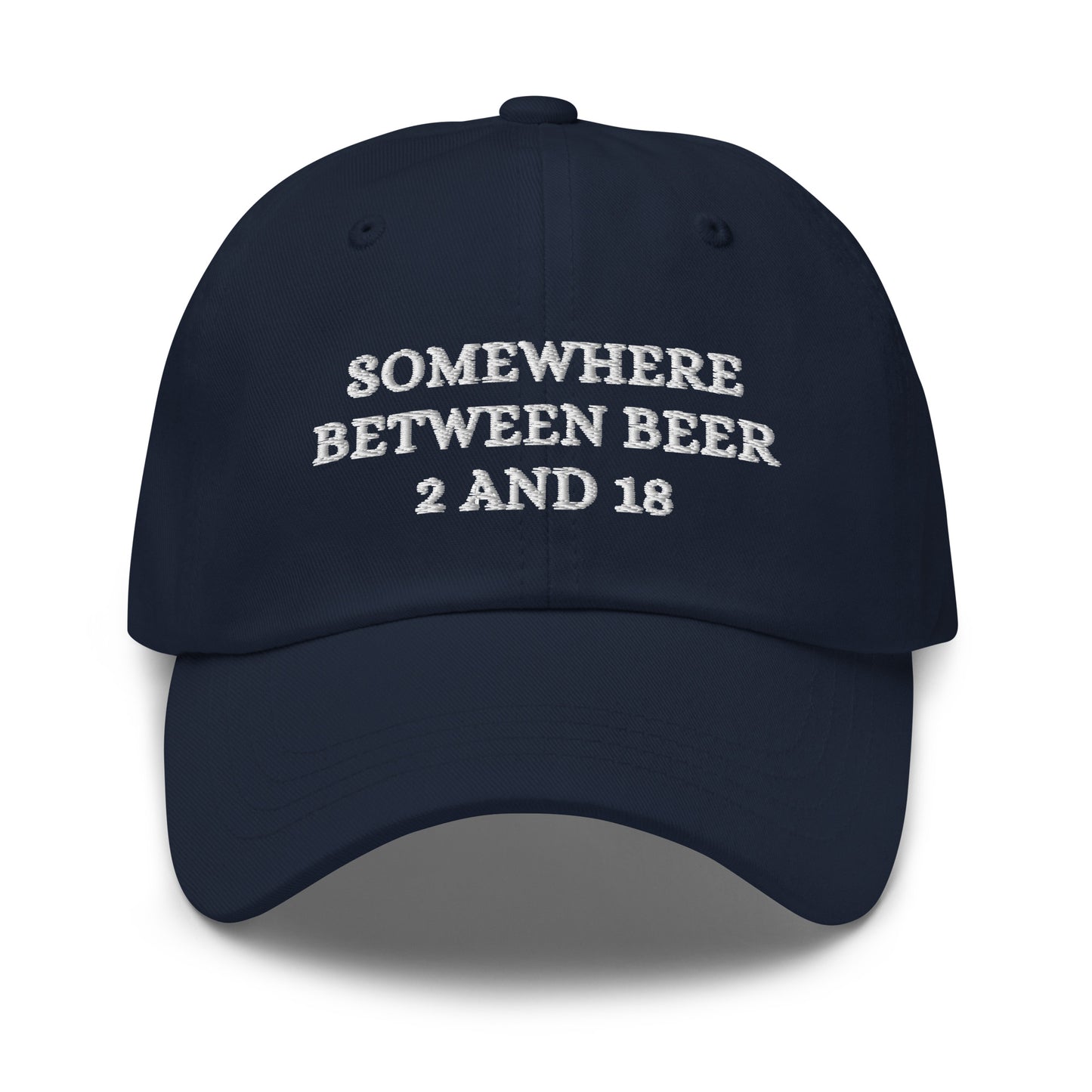 Somewhere Between Beer 2 and 18 Hat (Embroidered Dad hat)