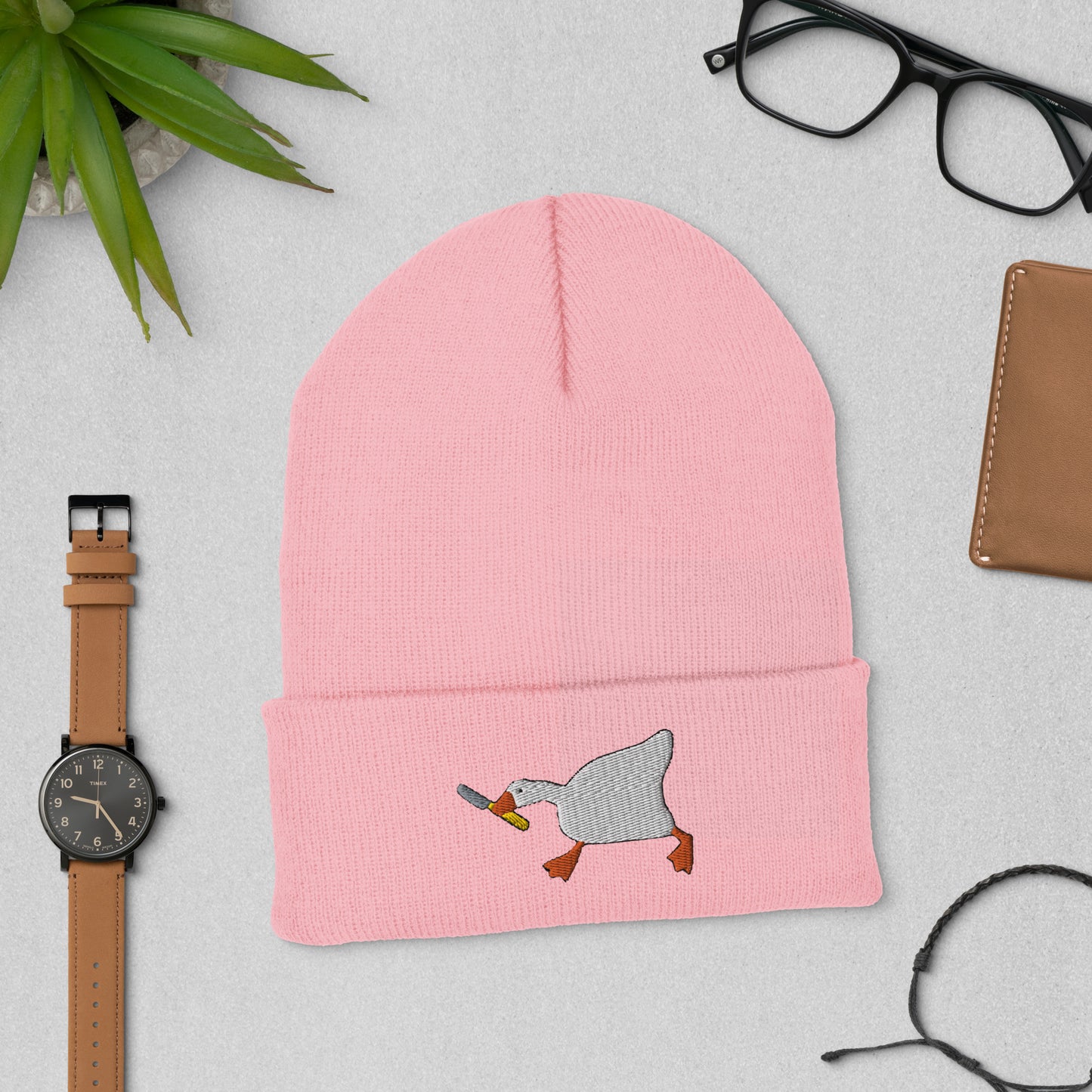 Duck With Knife Beanie Embroidered Cuffed Beanie