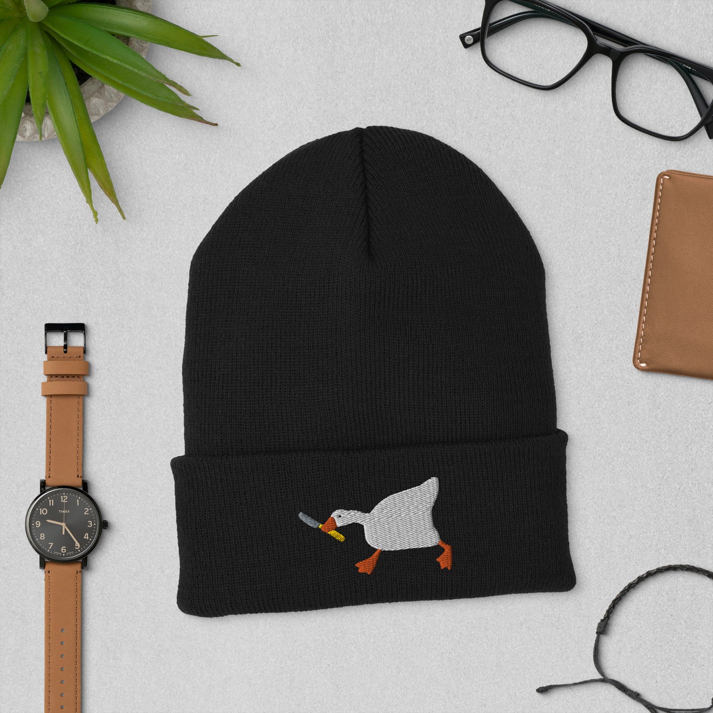Duck With Knife Beanie Embroidered Cuffed Beanie