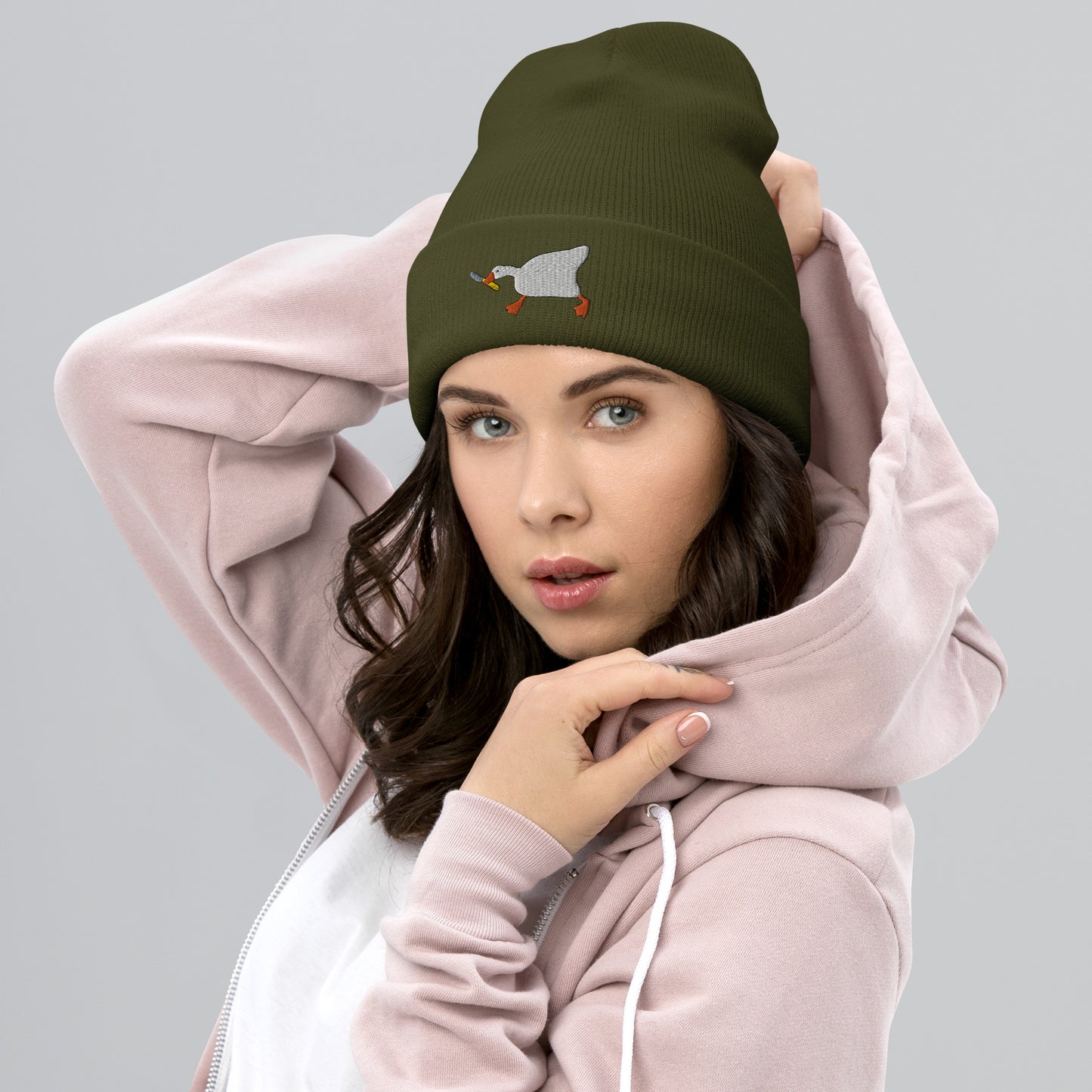 Duck With Knife Beanie Embroidered Cuffed Beanie