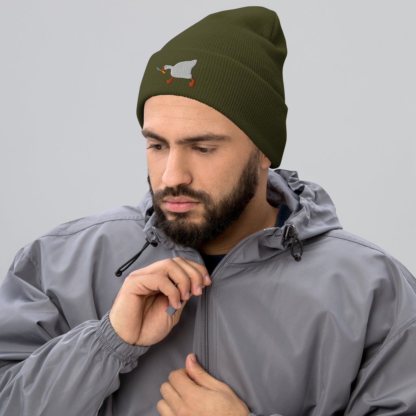 Duck With Knife Beanie Embroidered Cuffed Beanie