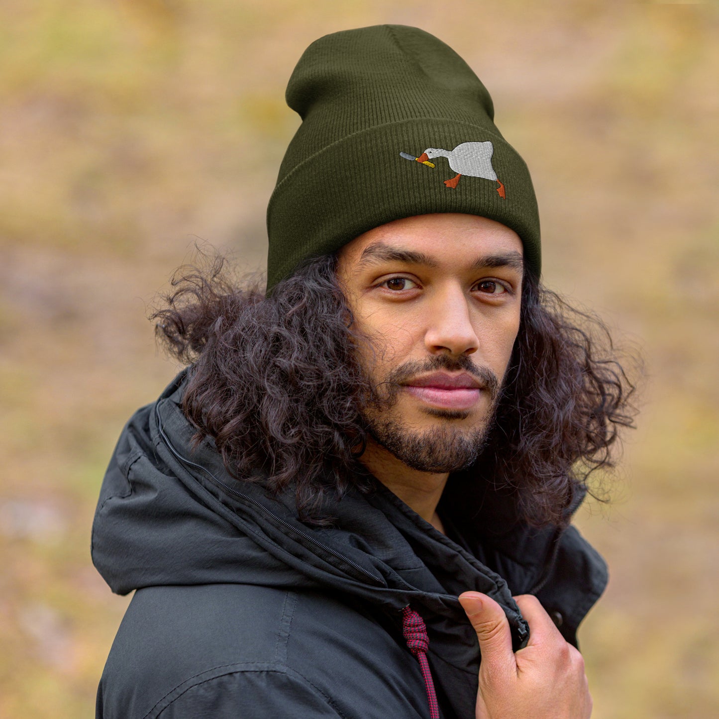 Duck With Knife Beanie Embroidered Cuffed Beanie