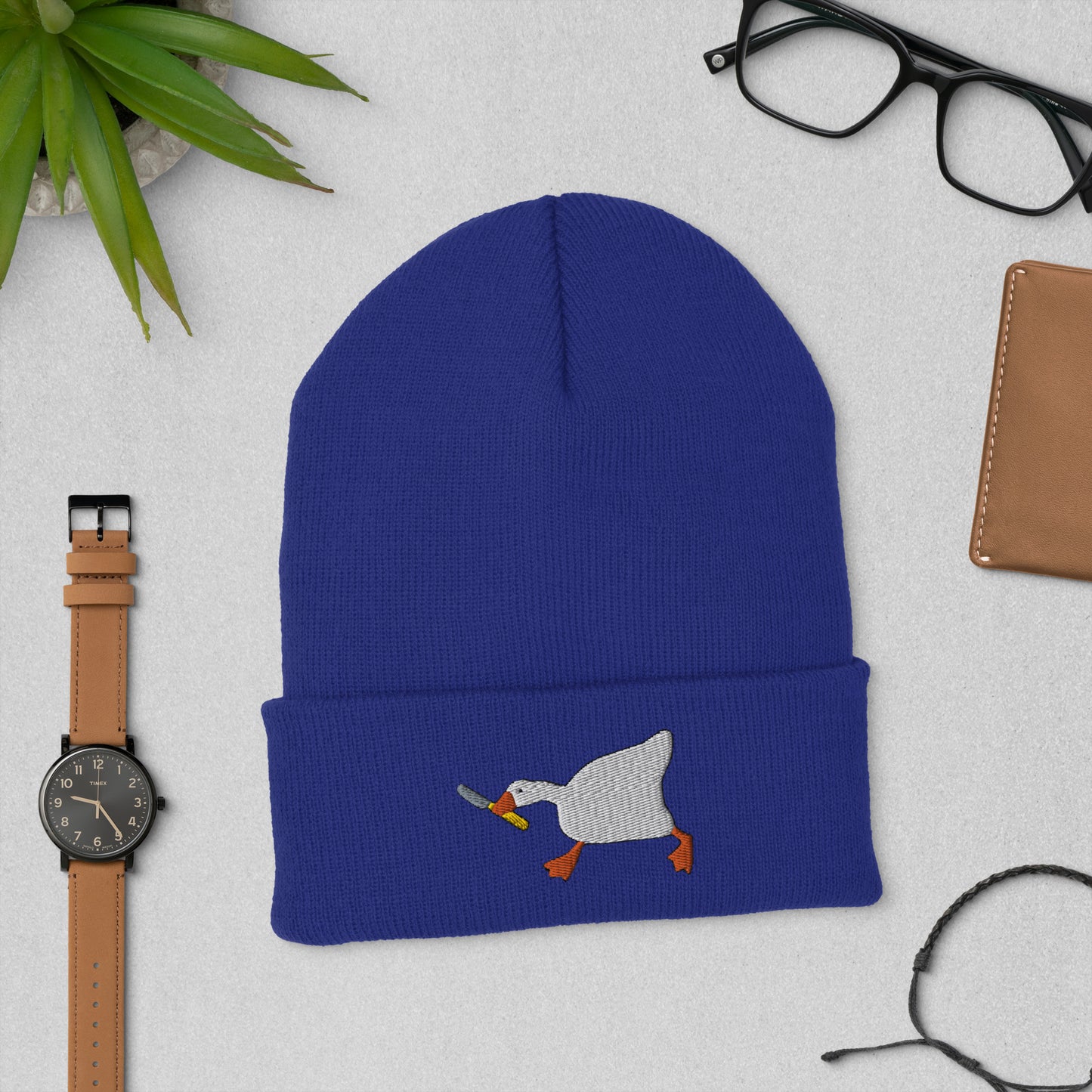 Duck With Knife Beanie Embroidered Cuffed Beanie