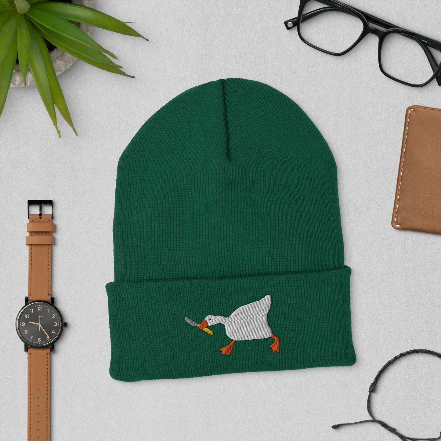 Duck With Knife Beanie Embroidered Cuffed Beanie