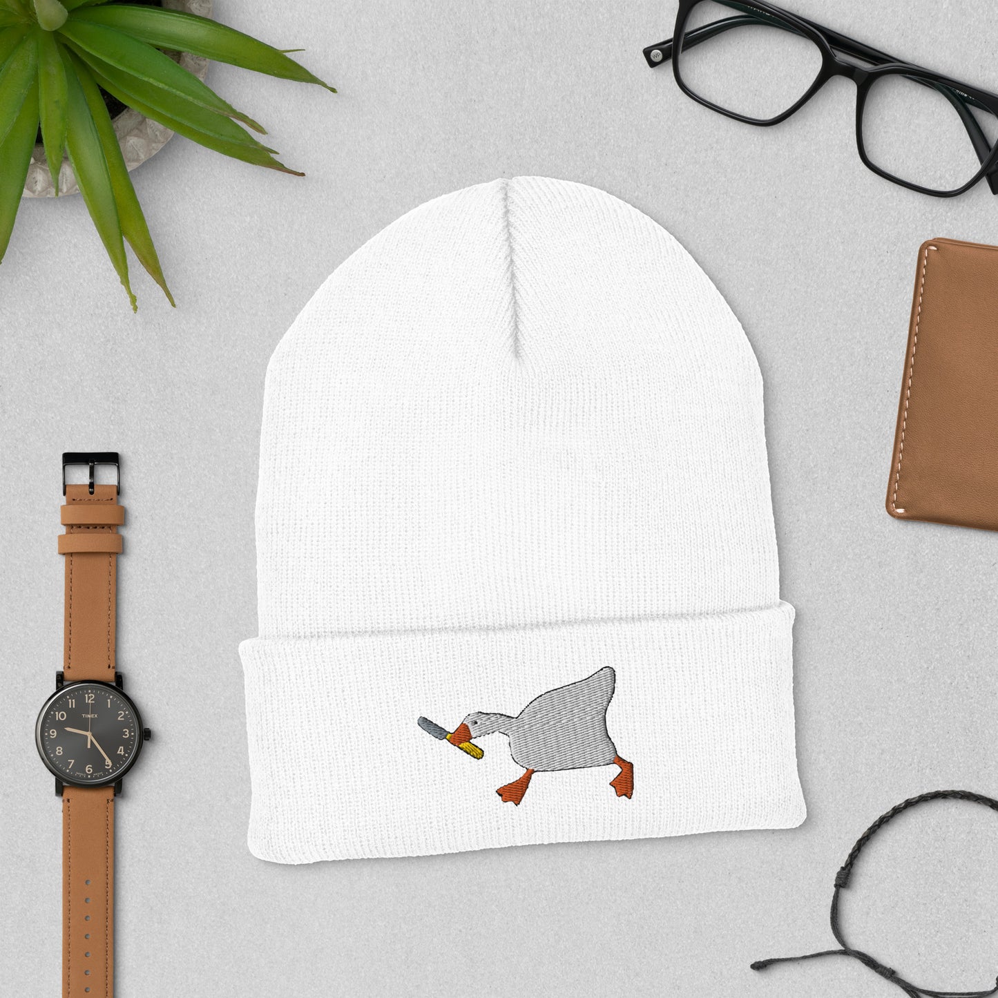 Duck With Knife Beanie Embroidered Cuffed Beanie