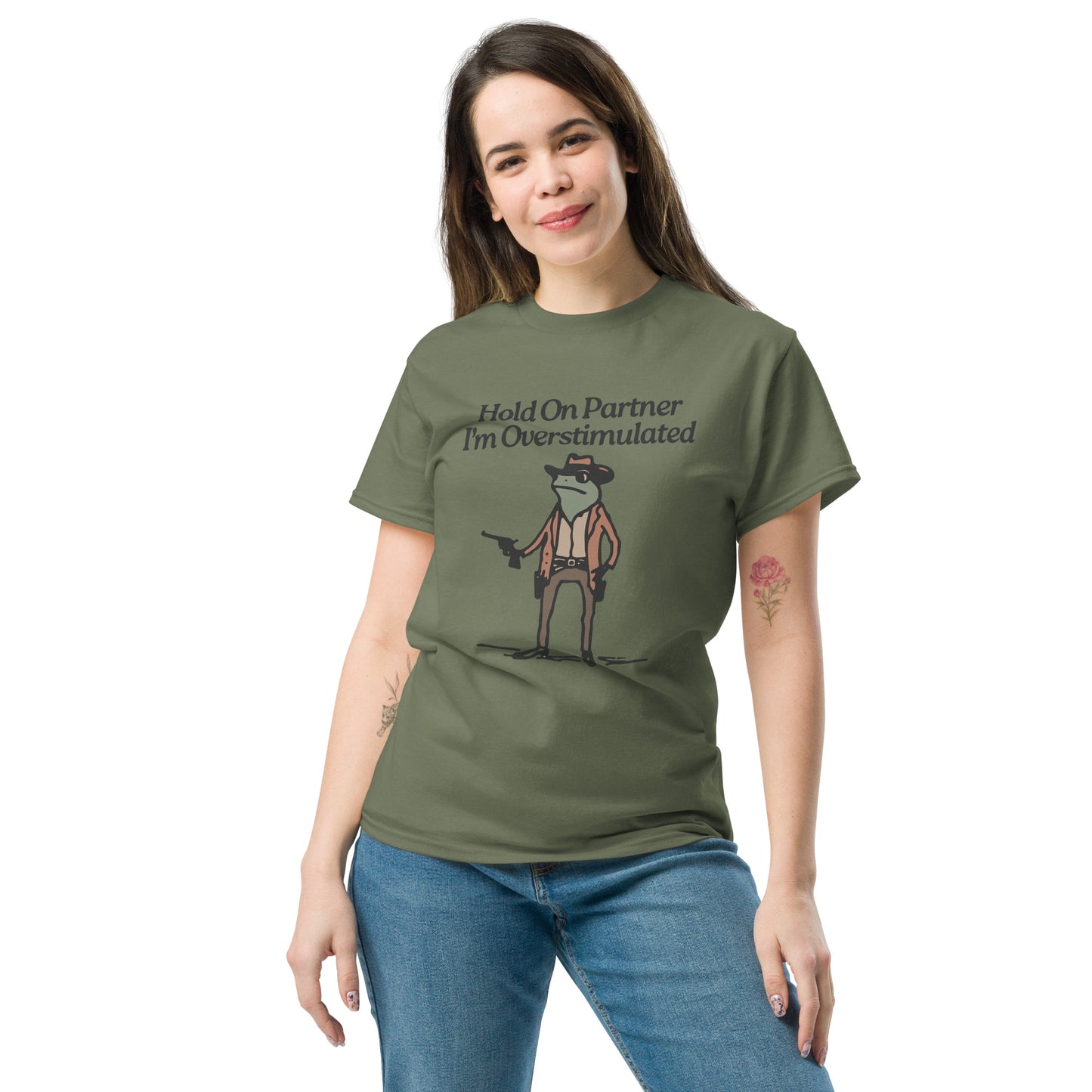 Hold On Partner I'm Overstimulated Unisex classic tee