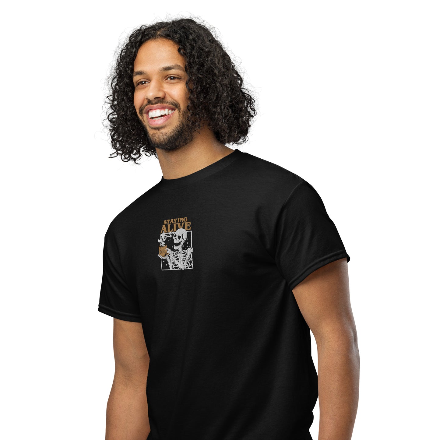 Staying Alive Skeleton Drink Coffee Embroidered T-Shirt