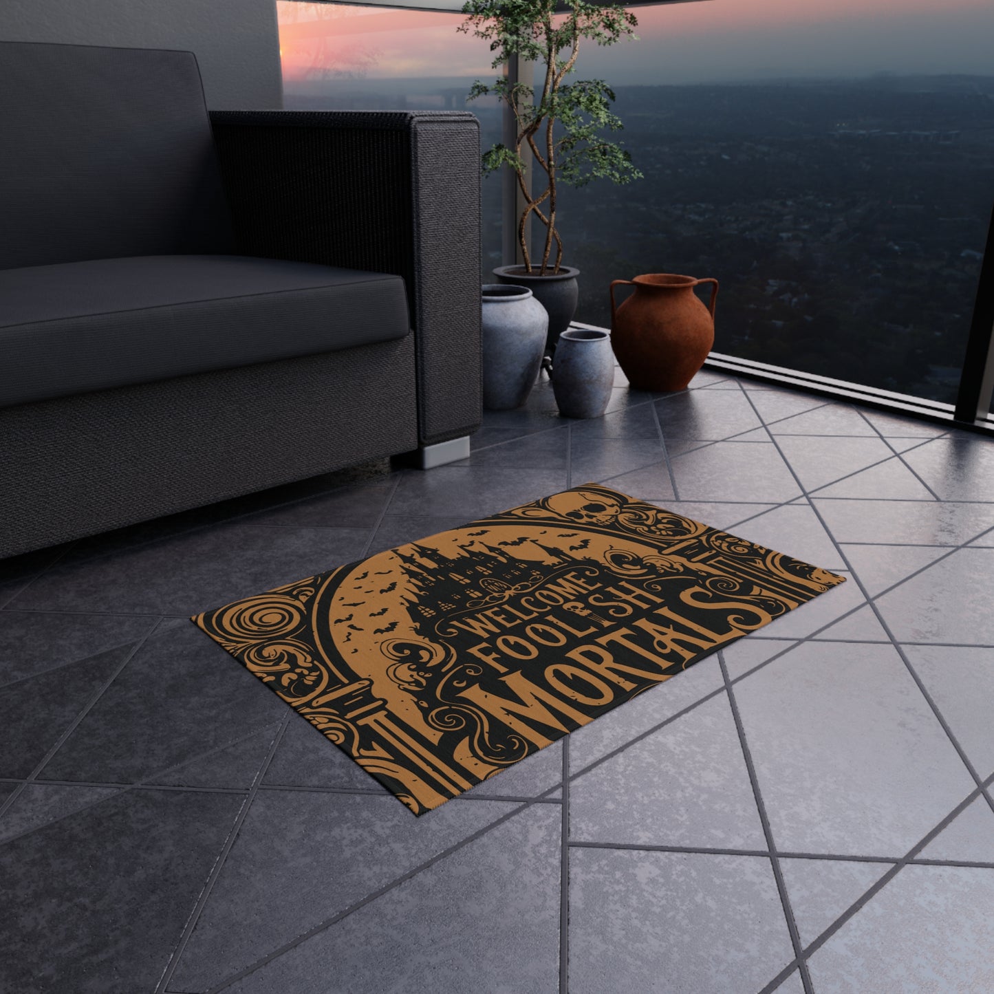Welcome Foolish Mortals Halloween Outdoor Rug