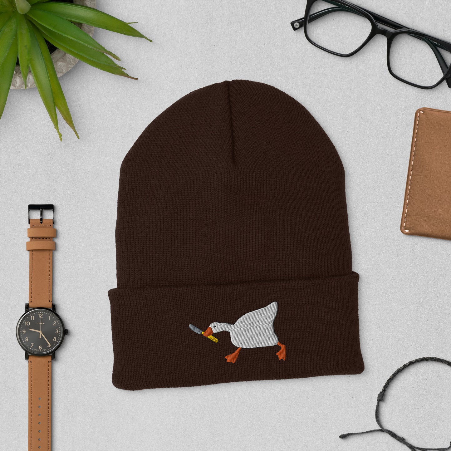 Duck With Knife Beanie Embroidered Cuffed Beanie