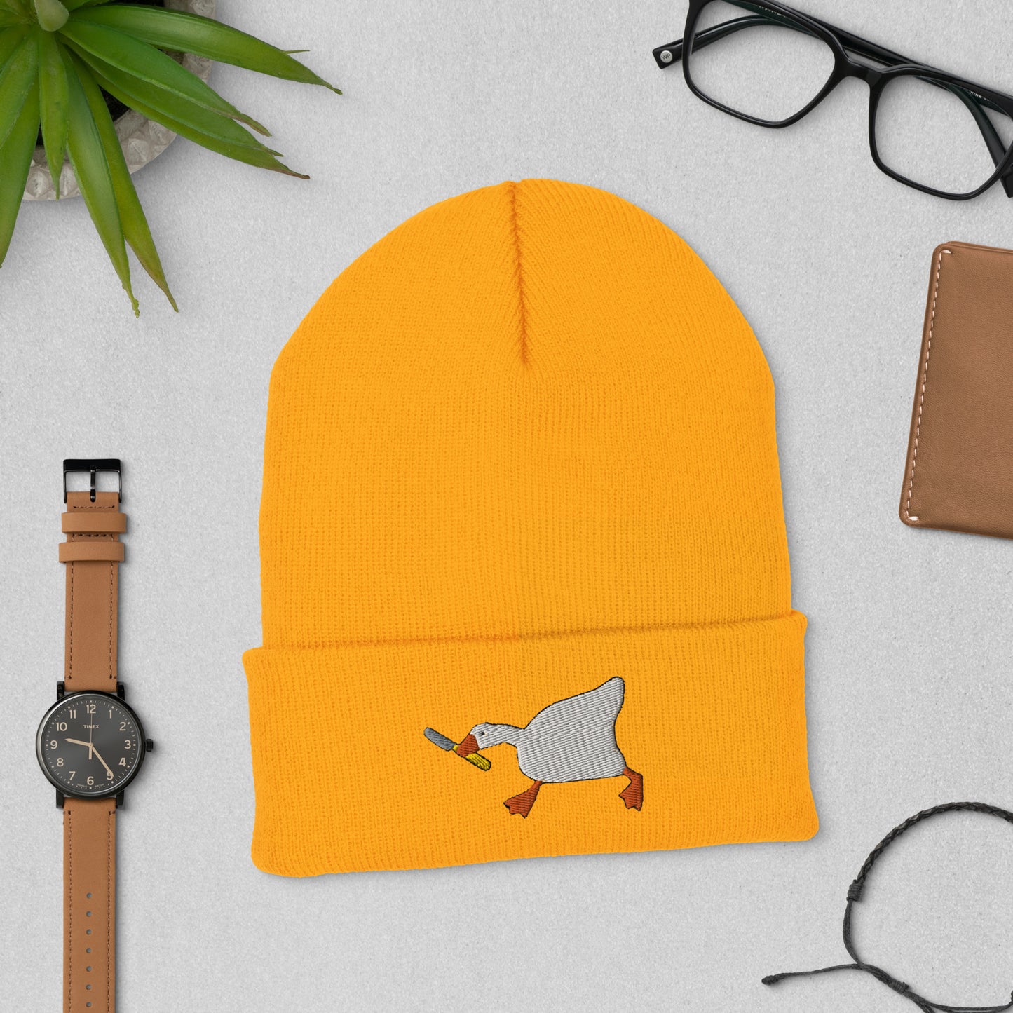 Duck With Knife Beanie Embroidered Cuffed Beanie
