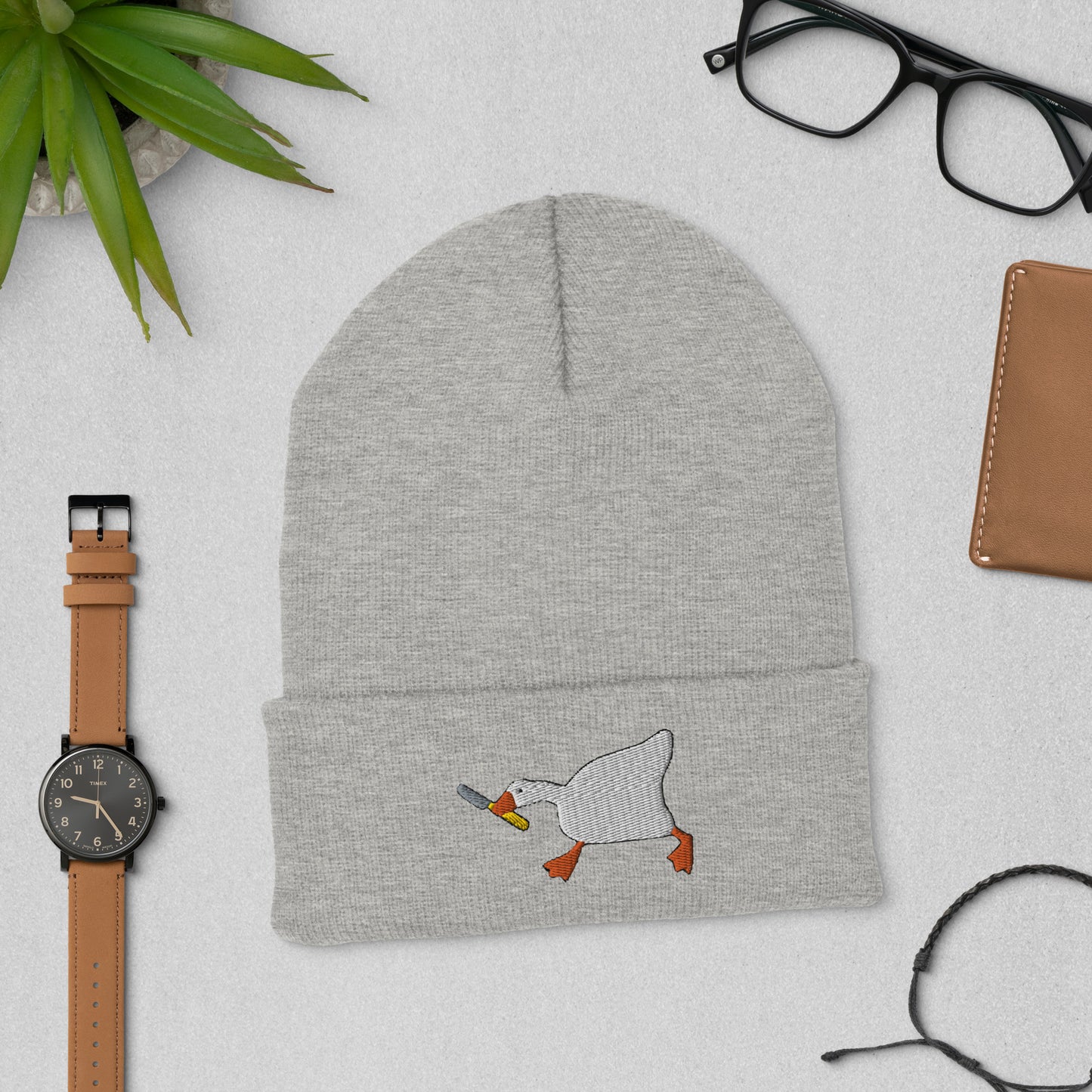 Duck With Knife Beanie Embroidered Cuffed Beanie