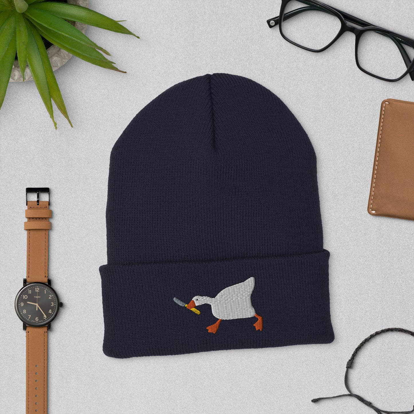 Duck With Knife Beanie Embroidered Cuffed Beanie