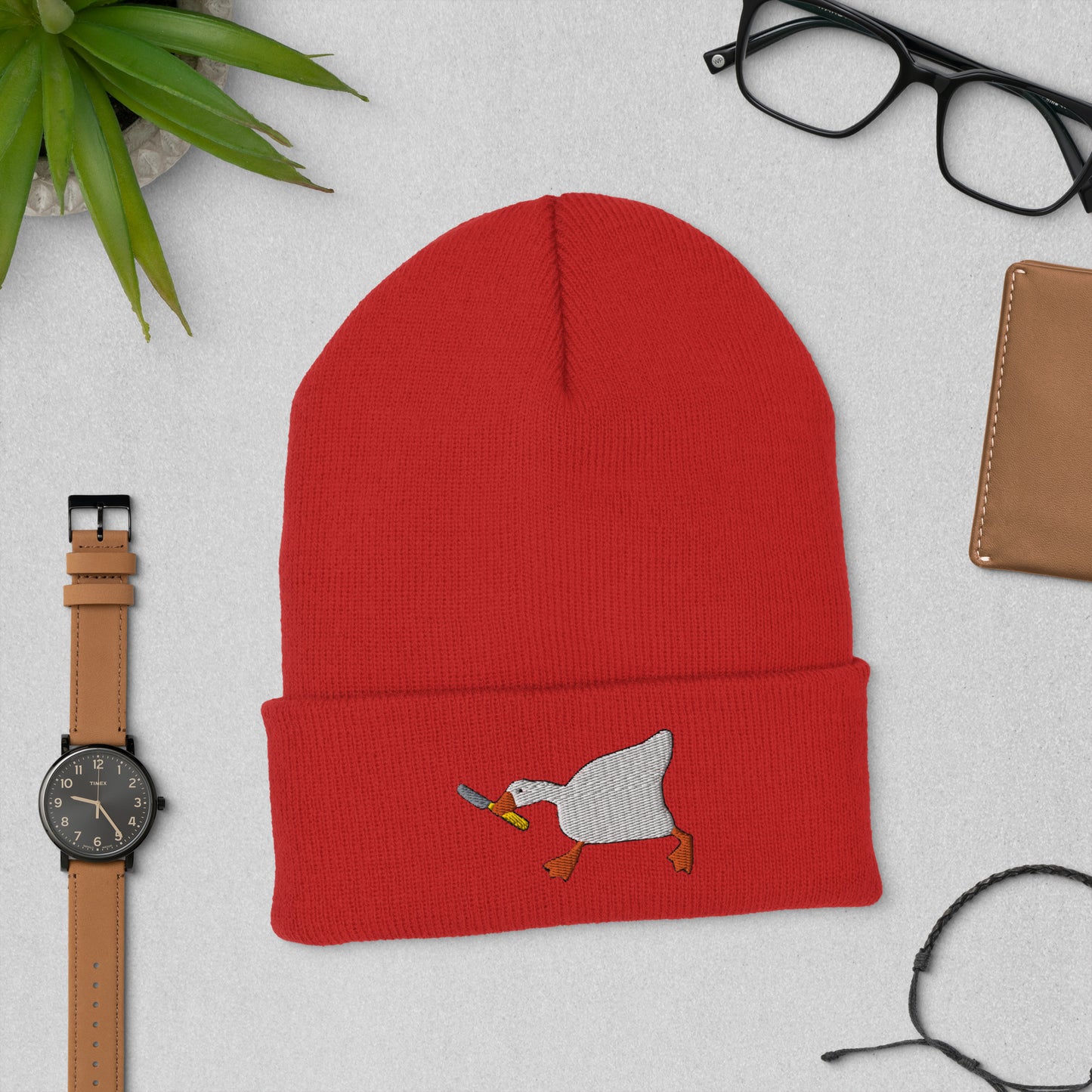 Duck With Knife Beanie Embroidered Cuffed Beanie