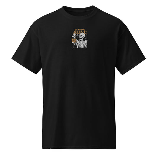 Staying Alive Skeleton Drink Coffee Embroidered T-Shirt
