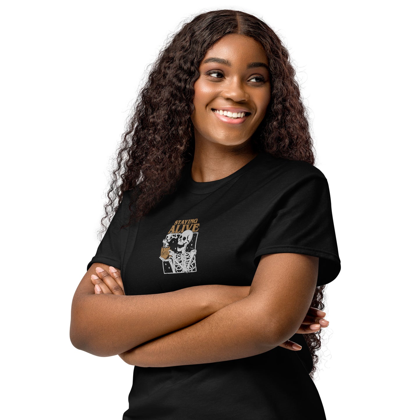 Staying Alive Skeleton Drink Coffee Embroidered T-Shirt